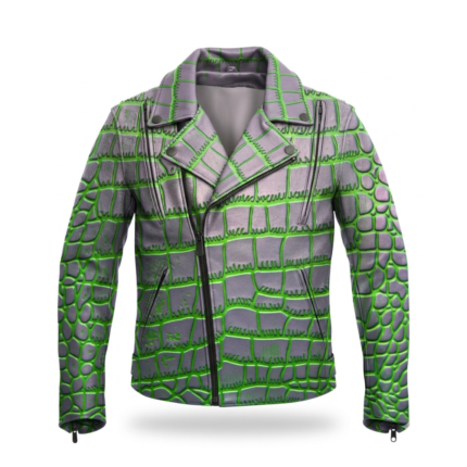 Luxury Men's Silver Neon Green Crocodile Embossed Leather Jacket MAS Leather Garments