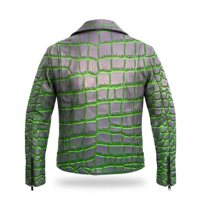 Luxury Men's Silver Neon Green Crocodile Embossed Leather Jacket MAS Leather Garments Back View