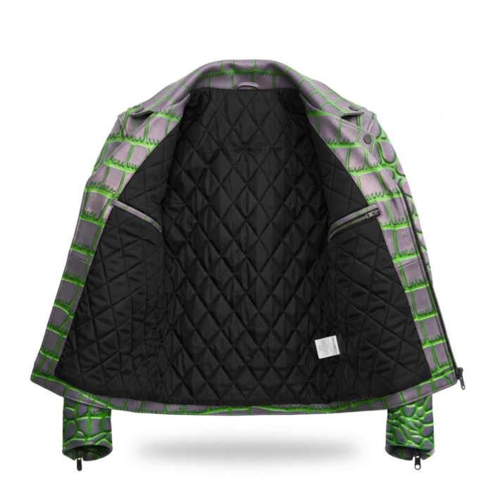 Luxury Men's Silver Neon Green Crocodile Embossed Leather Jacket MAS Leather Garments Inner View