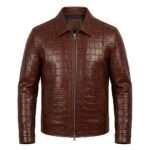 Men’s Brown Crocodile Embossed Genuine Leather Jacket Premium Winter Outerwear MAS Leather Garments