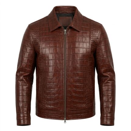 Men’s Brown Crocodile Embossed Genuine Leather Jacket Premium Winter Outerwear MAS Leather Garments