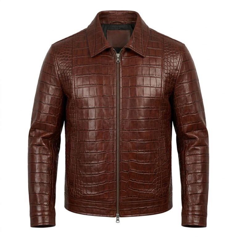 Men’s Brown Crocodile Embossed Genuine Leather Jacket Premium Winter Outerwear MAS Leather Garments