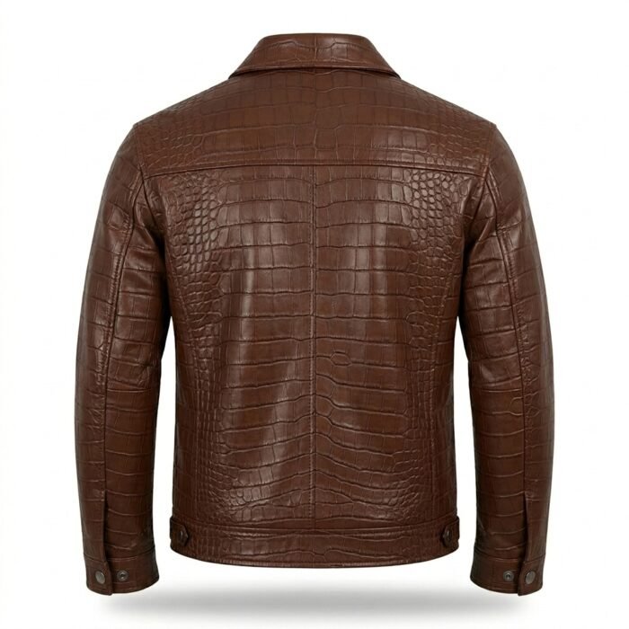 Men’s Brown Crocodile Embossed Genuine Leather Jacket Premium Winter Outerwear MAS Leather Garments Back View