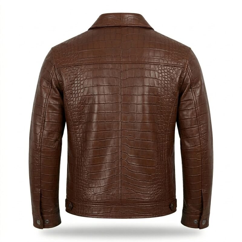 Men’s Brown Crocodile Embossed Genuine Leather Jacket Premium Winter Outerwear MAS Leather Garments Back View