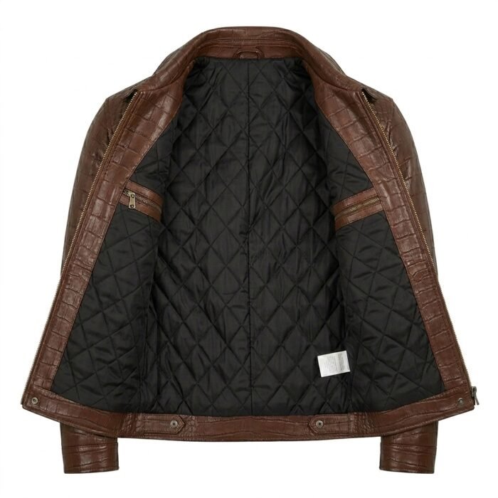 Men’s Brown Crocodile Embossed Genuine Leather Jacket Premium Winter Outerwear MAS Leather Garments Inner View