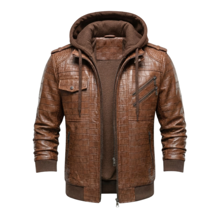 Men's Genuine Brown Crocodile Embossed Leather Jacket MAS Leather Garments