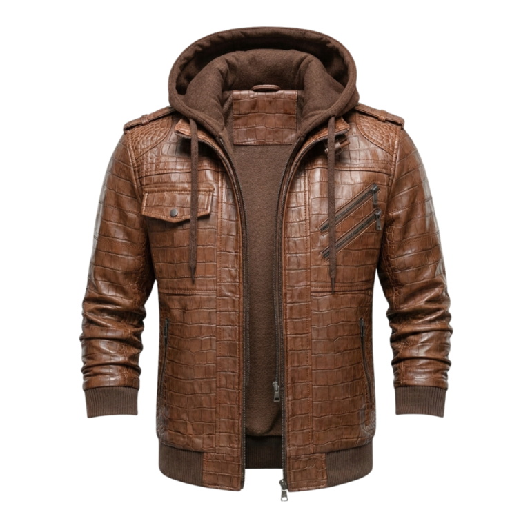 Men's Genuine Brown Crocodile Embossed Leather Jacket MAS Leather Garments