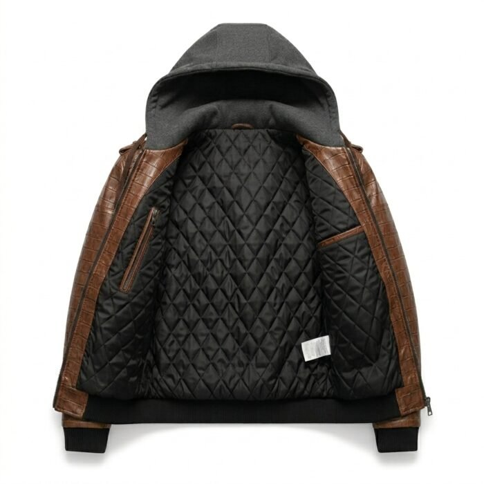 Men's Genuine Brown Crocodile Embossed Leather Jacket MAS Leather Garments Inner View