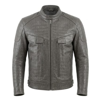 Men’s Grey Crocodile Embossed Genuine Leather Jacket Premium Winter Outerwear MAS Leather Garments