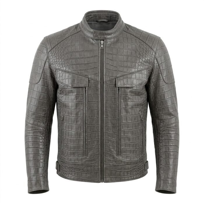 Men’s Grey Crocodile Embossed Genuine Leather Jacket Premium Winter Outerwear MAS Leather Garments