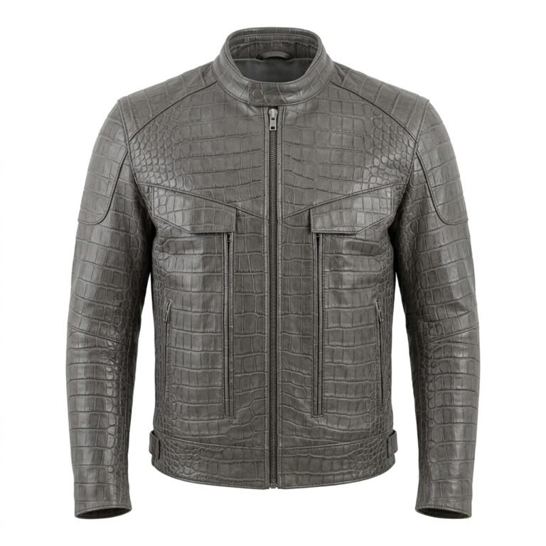 Men’s Grey Crocodile Embossed Genuine Leather Jacket Premium Winter Outerwear MAS Leather Garments