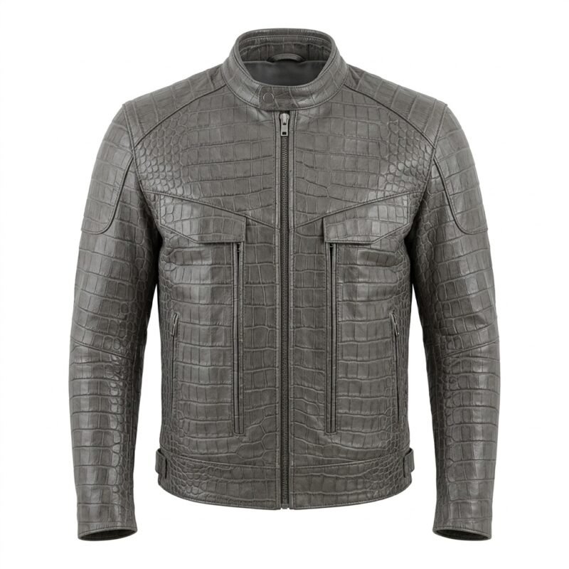 Men’s Grey Crocodile Embossed Genuine Leather Jacket Premium Winter Outerwear MAS Leather Garments