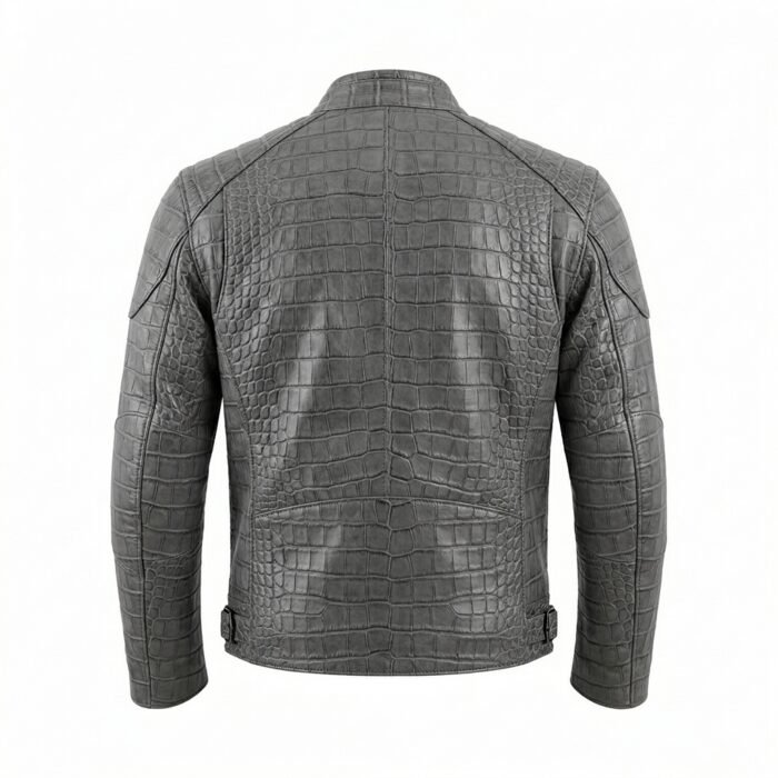 Men’s Grey Crocodile Embossed Genuine Leather Jacket Premium Winter Outerwear MAS Leather Garments Back View