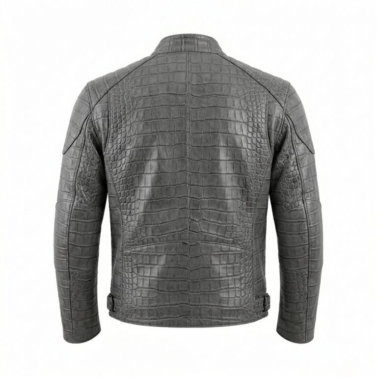 Men’s Grey Crocodile Embossed Genuine Leather Jacket Premium Winter Outerwear MAS Leather Garments Back View