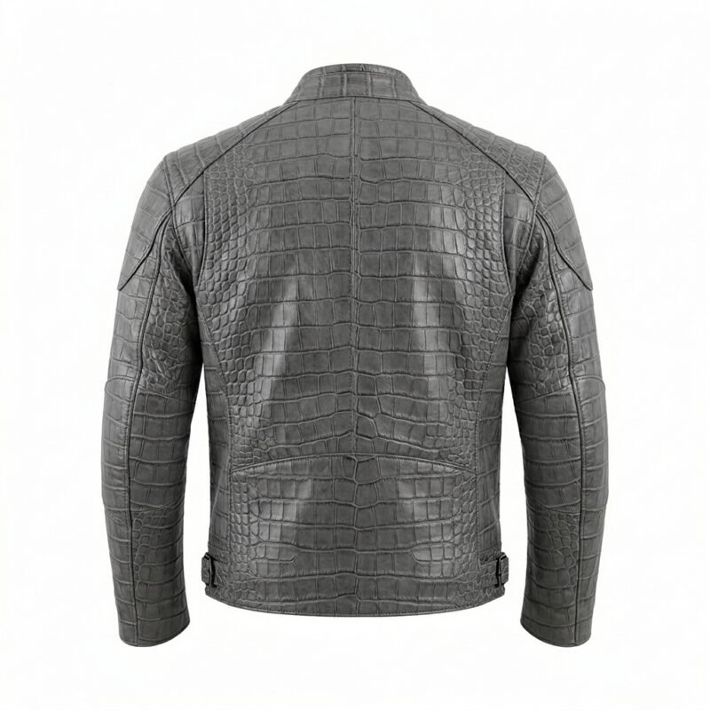 Men’s Grey Crocodile Embossed Genuine Leather Jacket Premium Winter Outerwear MAS Leather Garments Back View