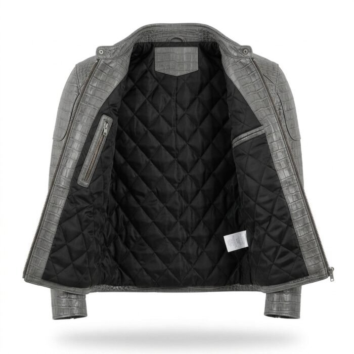 Men’s Grey Crocodile Embossed Genuine Leather Jacket Premium Winter Outerwear MAS Leather Garments Inner View