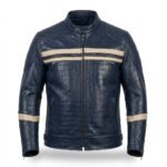 Men's Luxury Navy Blue Crocodile Embossed Real Leather Jacket MAS Leather Garments