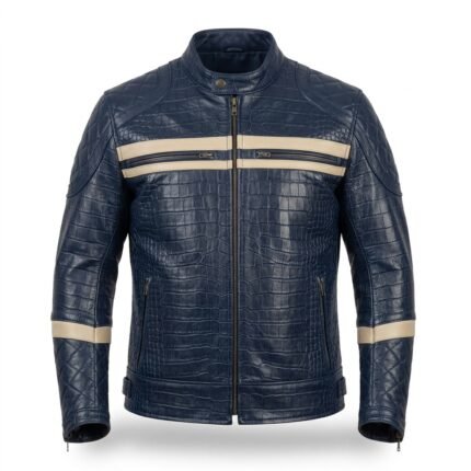 Men's Luxury Navy Blue Crocodile Embossed Real Leather Jacket MAS Leather Garments