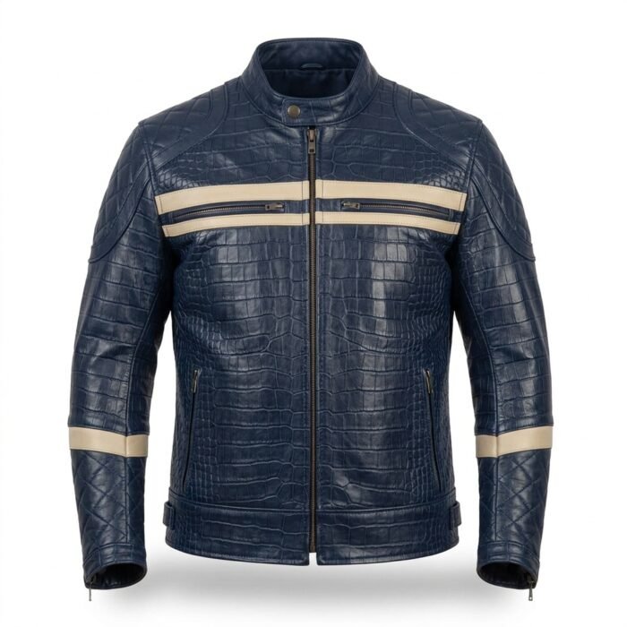Men's Luxury Navy Blue Crocodile Embossed Real Leather Jacket MAS Leather Garments