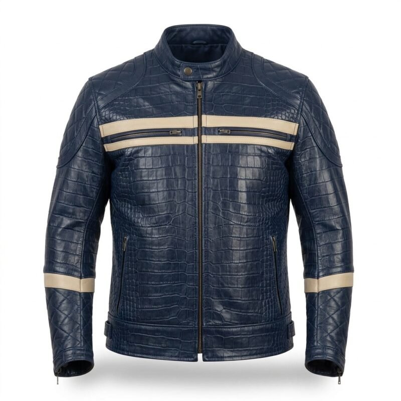 Men's Luxury Navy Blue Crocodile Embossed Real Leather Jacket MAS Leather Garments