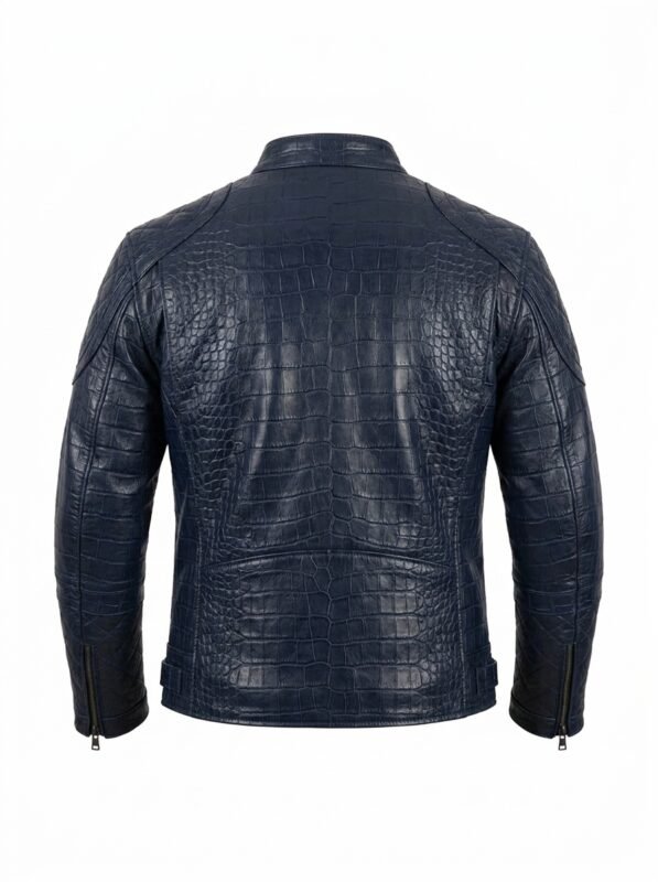 Men's Luxury Navy Blue Crocodile Embossed Real Leather Jacket MAS Leather Garments Back View