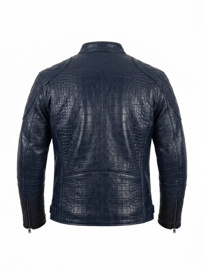 Men's Luxury Navy Blue Crocodile Embossed Real Leather Jacket MAS Leather Garments Back View