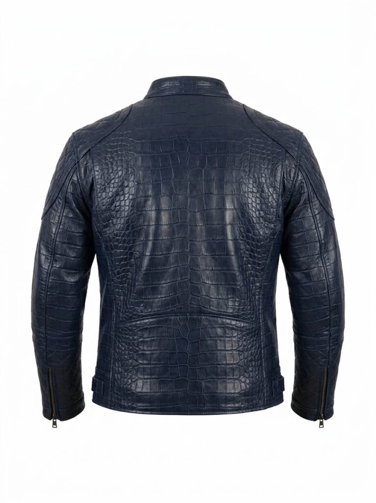 Men's Luxury Navy Blue Crocodile Embossed Real Leather Jacket MAS Leather Garments Back View