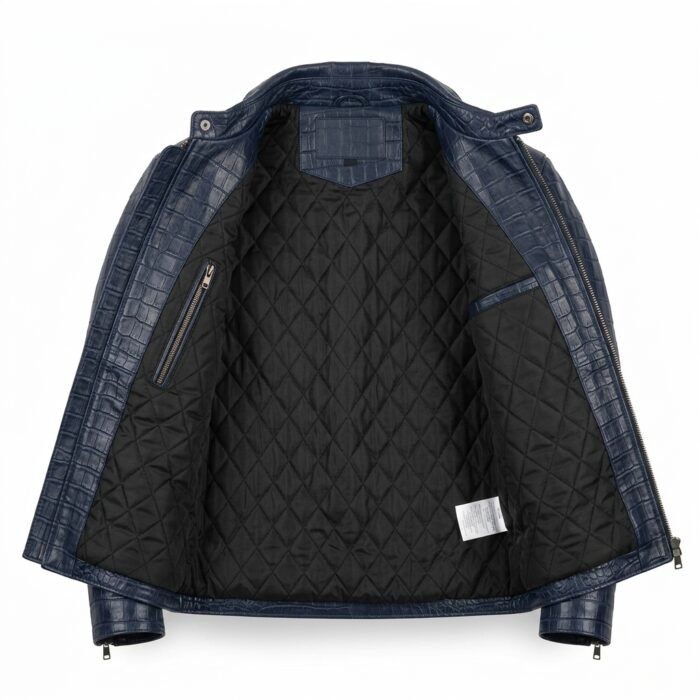 Men's Luxury Navy Blue Crocodile Embossed Real Leather Jacket MAS Leather Garments Inner View
