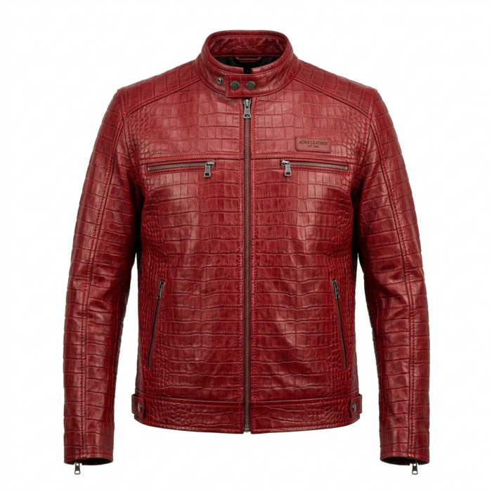Men's Luxury Red Genuine Crocodile Embossed Leather Jacket MAS Leather Garments