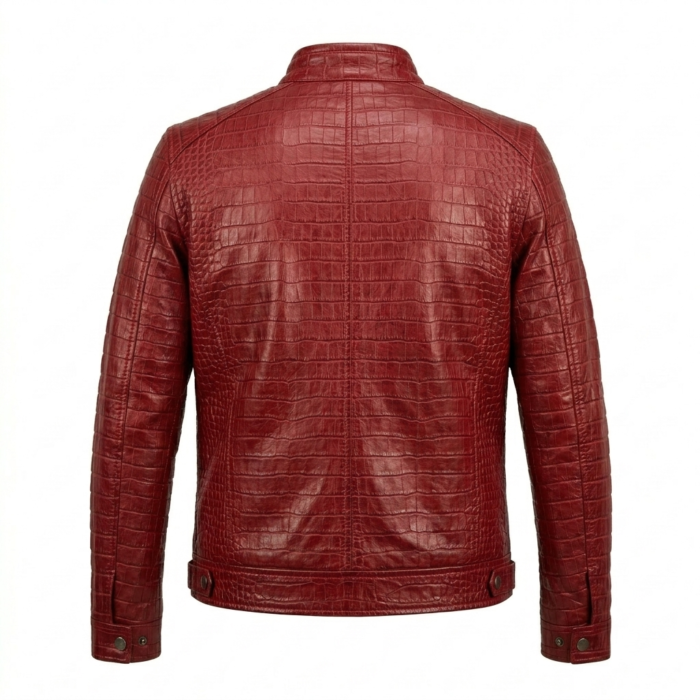 Men's Luxury Red Genuine Crocodile Embossed Leather Jacket MAS Leather Garments Back View