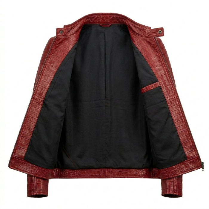 Men's Luxury Red Genuine Crocodile Embossed Leather Jacket MAS Leather Garments Inner View