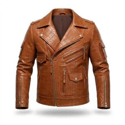 Men's Luxury Tan Crocodile Embossed Leather Jacket MAS Leather Garments