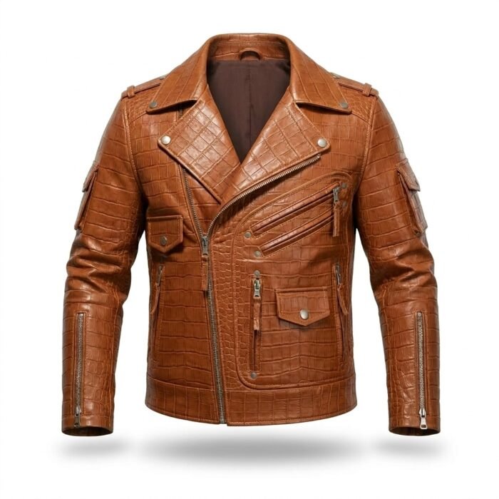 Men's Luxury Tan Crocodile Embossed Leather Jacket MAS Leather Garments