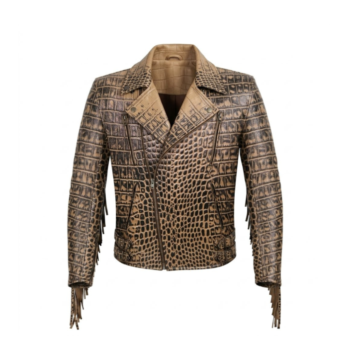 Men's Luxury Tan Crocodile Embossed Leather Jacket MAS Leather Garments