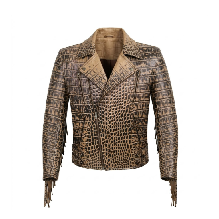 Men's Luxury Tan Crocodile Embossed Leather Jacket MAS Leather Garments