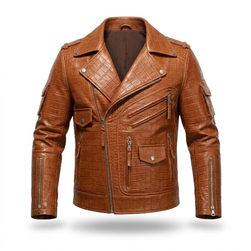 Men's Luxury Tan Crocodile Embossed Leather Jacket MAS Leather Garments