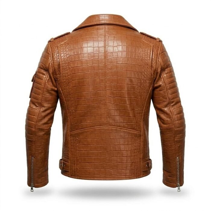 Men's Luxury Tan Crocodile Embossed Leather Jacket MAS Leather Garments Back View