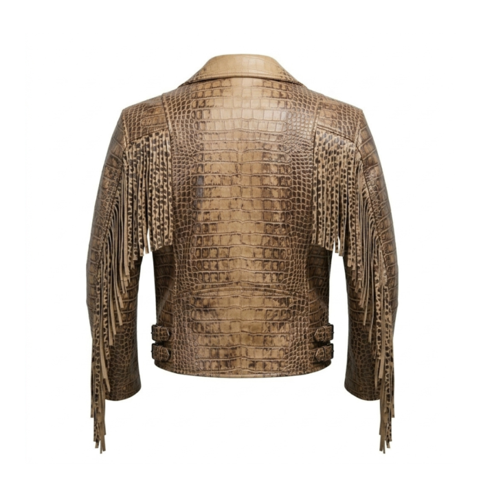 Men's Luxury Tan Crocodile Embossed Leather Jacket MAS Leather Garments Back View