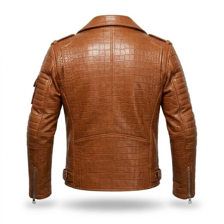 Men's Luxury Tan Crocodile Embossed Leather Jacket MAS Leather Garments Back View