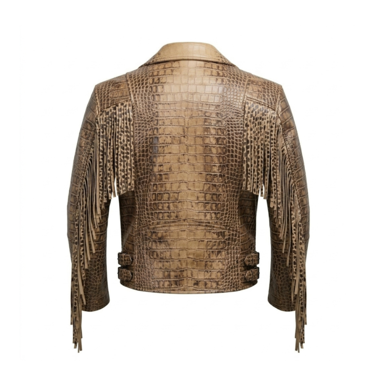 Men's Luxury Tan Crocodile Embossed Leather Jacket MAS Leather Garments Back View