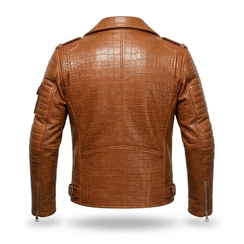 Men's Luxury Tan Crocodile Embossed Leather Jacket MAS Leather Garments Back View