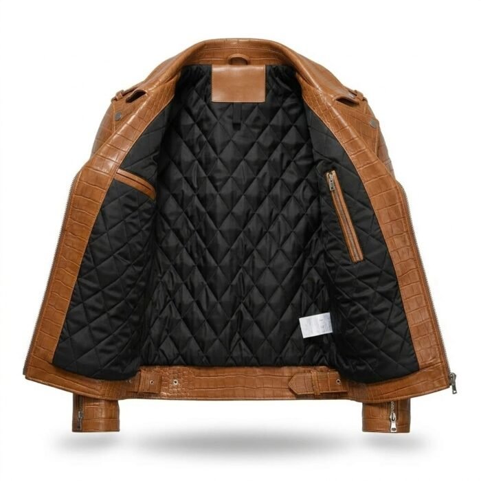 Men's Luxury Tan Crocodile Embossed Leather Jacket MAS Leather Garments Inner View