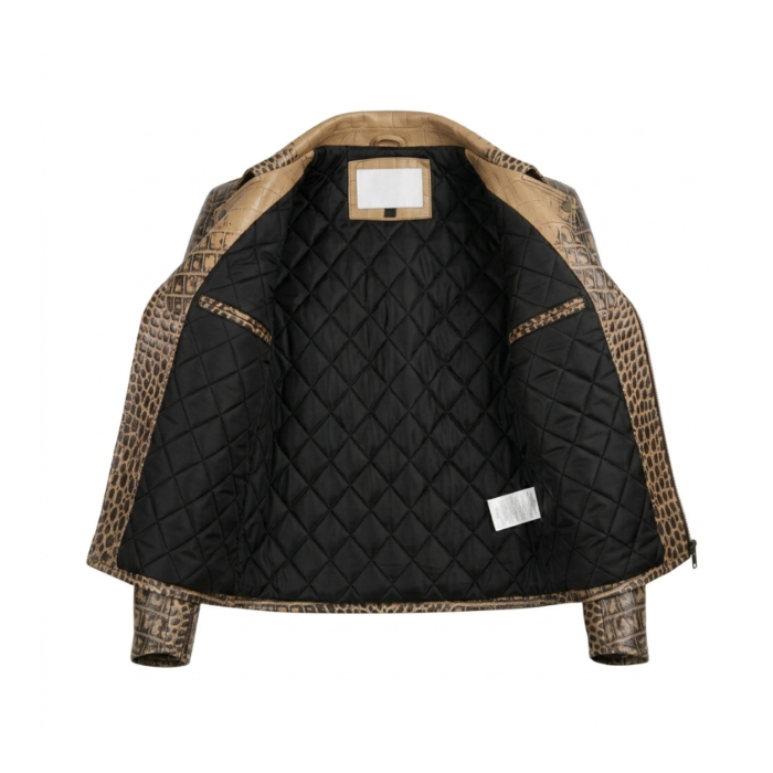 Men's Luxury Tan Crocodile Embossed Leather Jacket MAS Leather Garments Inner View
