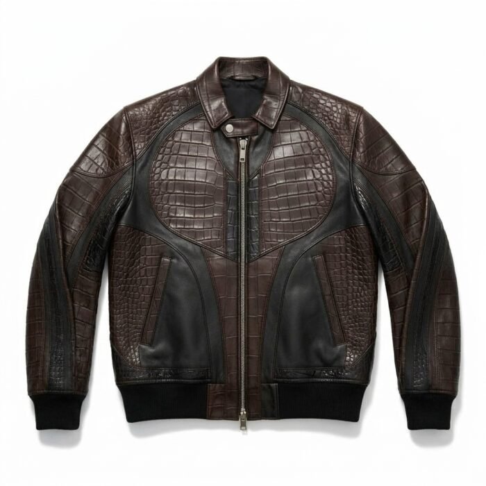 Men's Luxury espresso brown Crocodile Embossed Real Leather Jacket MAS Leather Garments
