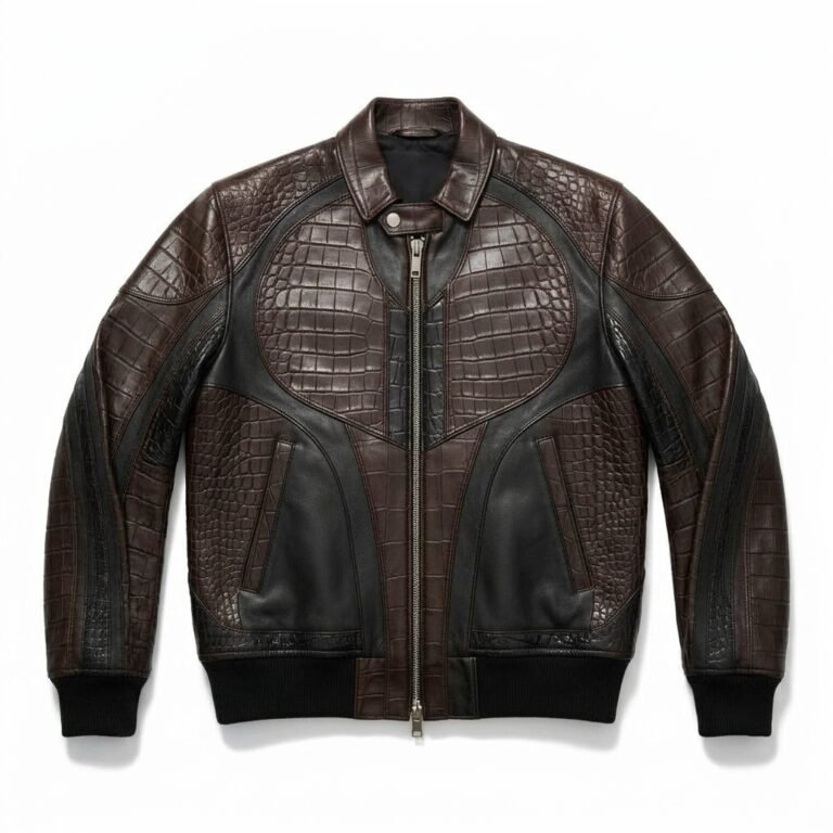 Men's Luxury espresso brown Crocodile Embossed Real Leather Jacket MAS Leather Garments