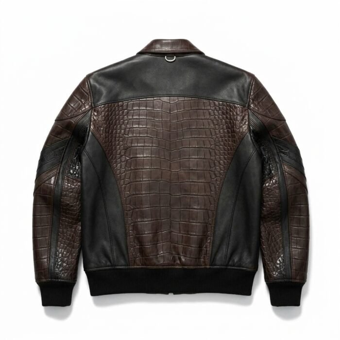 Men's Luxury espresso brown Crocodile Embossed Real Leather Jacket MAS Leather Garments Back View