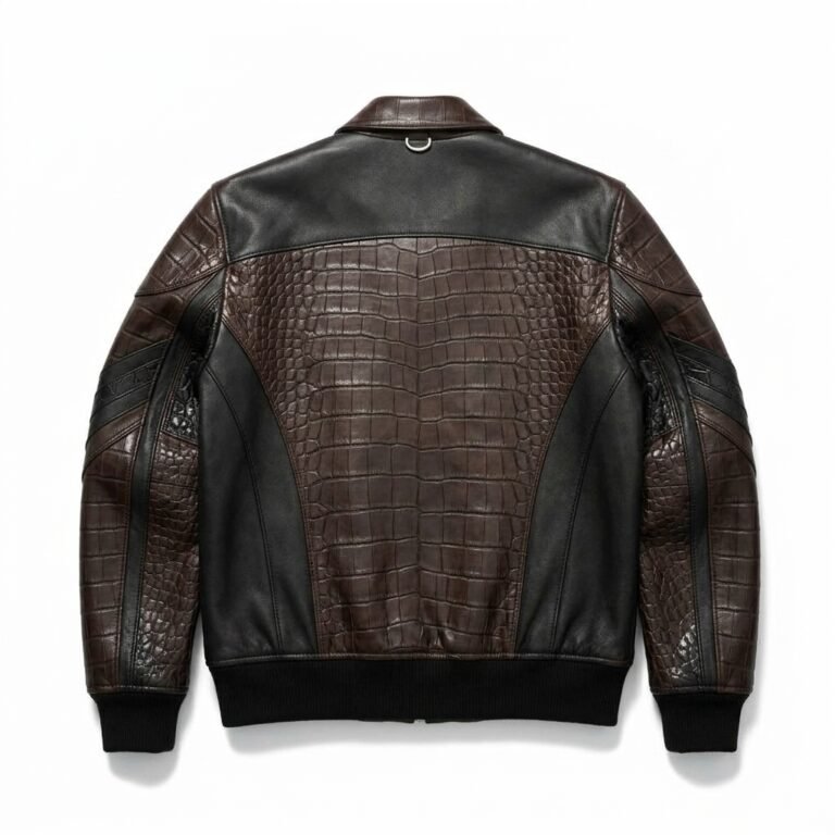 Men's Luxury espresso brown Crocodile Embossed Real Leather Jacket MAS Leather Garments Back View