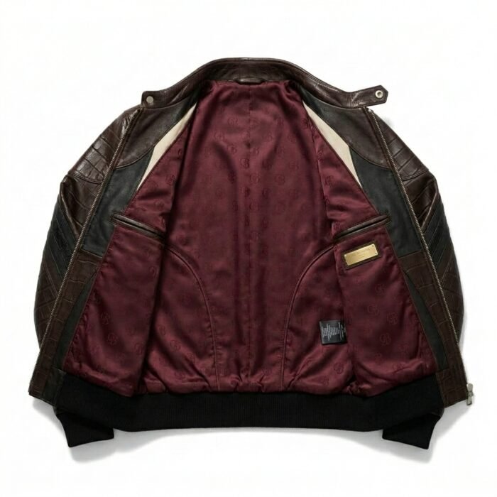 Men's Luxury espresso brown Crocodile Embossed Real Leather Jacket MAS Leather Garments Inner View