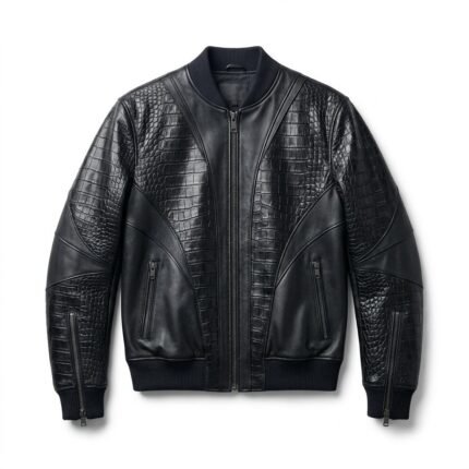Men's Premium Black Crocodile Embossed Bomber Leather Jacket MAS Leather Garments