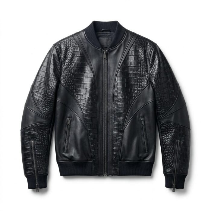Men's Premium Black Crocodile Embossed Bomber Leather Jacket MAS Leather Garments